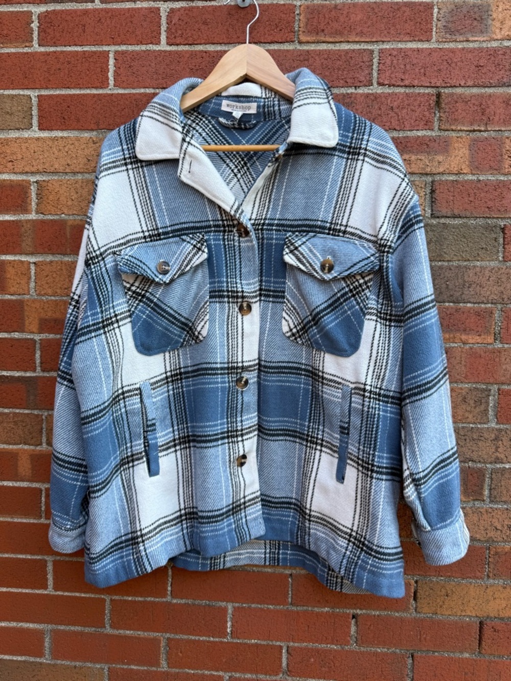 Workshop Republic Clothing Blue Plaid Shacket Oversized Button Front Jacket XL